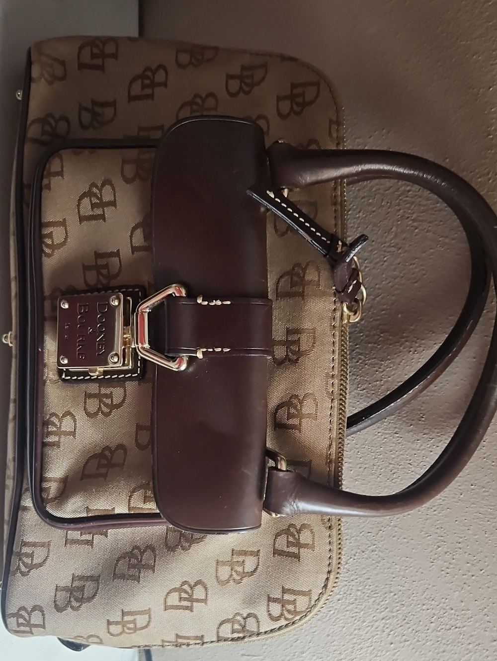 Dooney & Bourke Brown Logo Canvas Satchel with Dark Brown Leather Trim